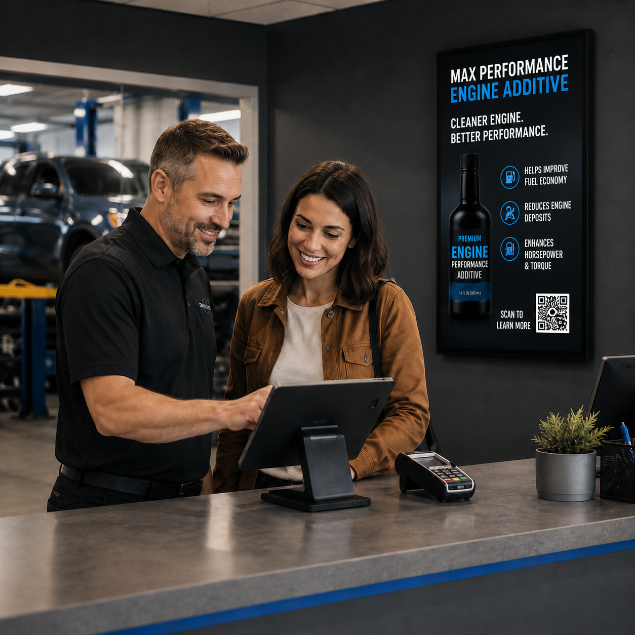 Service advisor and customer reviewing options on a tablet at a modern automotive counter