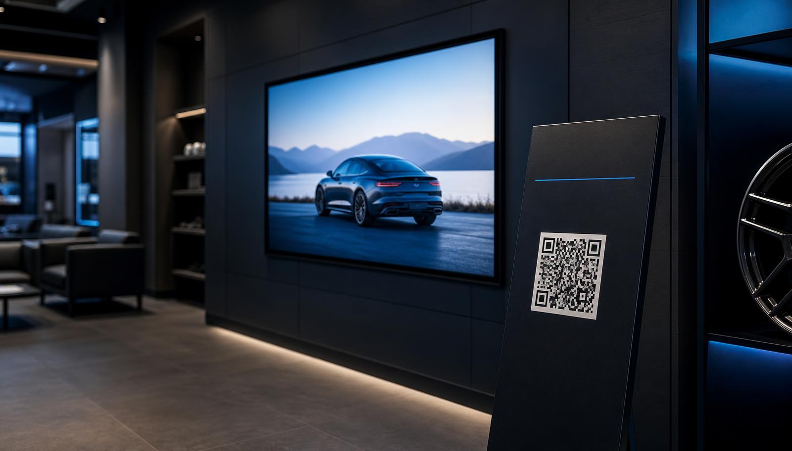 Premium showroom with a digital display and a QR code engagement stand