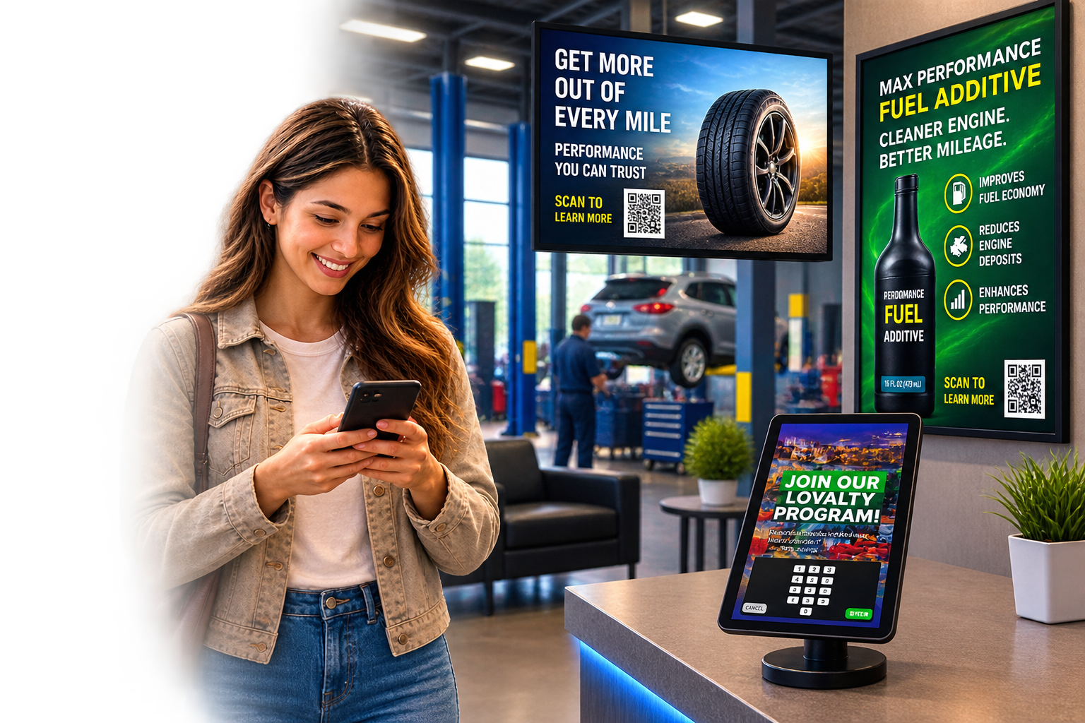 Modern automotive retail space with digital signage, touchscreen kiosk, and point-of-sale terminals