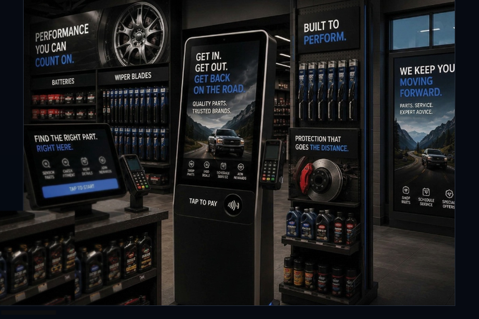 Interactive retail kiosks, displays and payment terminals in a parts store